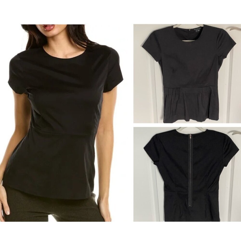 Theory Carrian Cotton Stretch Short Sleeves Pleated Peplum Top - 35965